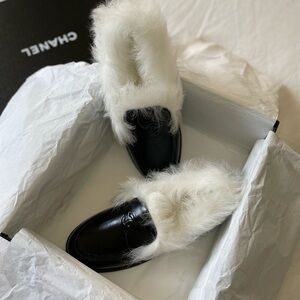 CHANEL Black and White Fur Women's Loafers 37.5